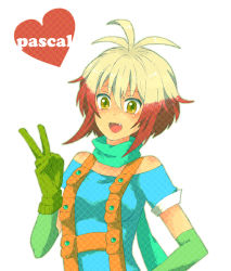 Rule 34 | 1girl, blue shirt, character name, fang, gloves, meronco, multicolored hair, overalls, pascal (tales), pascal (tales), red hair, shirt, short hair, smile, solo, tales of (series), tales of graces, two-tone hair, v, white hair, yellow eyes