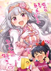 Rule 34 | 1boy, 2girls, antenna hair, black hair, black wristband, blush, bow, bowtie, breasts, collarbone, dot nose, dress, falling petals, fang, flower, ganaha hibiki, gloves, grey hair, hair bow, hair flower, hair ornament, hair ribbon, hairband, hand on own chest, hands up, hiiringu, holding glowstick, idolmaster, idolmaster (classic), idolmaster million live!, idolmaster million live! theater days, large breasts, long hair, long sleeves, looking at viewer, medium breasts, multicolored background, multiple girls, open mouth, orange bow, orange bowtie, orange hairband, p-head producer, petals, pink flower, ponytail, producer (idolmaster), purple eyes, purple shirt, red ribbon, ribbon, shijou takane, shirt, short sleeves, skin fang, smile, white dress, white gloves