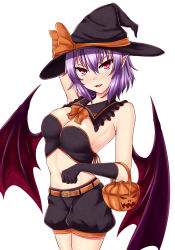 Rule 34 | aged up, alternate breast size, basket, bat wings, belt, bow, breasts, cleavage, fangs, halloween, halloween costume, hat, highres, jack-o&#039;-lantern, light purple hair, looking at viewer, medium breasts, navel, orange bow, red eyes, remilia scarlet, short hair, solo, touhou, wings, witch hat, zellam