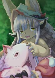 Rule 34 | 2others, absurdres, androgynous, boro bukuro, brown fur, claws, creature, ears through headwear, fake horns, fangs, furry, helmet, highres, horned helmet, horns, made in abyss, missing eye, mitty (made in abyss), multiple others, nanachi (made in abyss), open mouth, other focus, pawpads, puffy pants, whiskers, white hair, yellow eyes