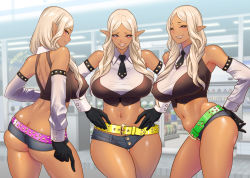 Rule 34 | 3girls, ass, back, bare shoulders, belt, black gloves, breasts, butt crack, commentary request, convenience store, dark skin, dark-skinned female, detached sleeves, ear piercing, elf, covered erect nipples, gloves, grin, gyaru, hands on own hips, large breasts, long hair, looking at viewer, midriff, multiple girls, navel, necktie, original, parted hair, piercing, pink eyes, pointy ears, shop, short shorts, shorts, smile, tatsunami youtoku, thigh gap