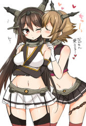 Rule 34 | 10s, 2girls, bare shoulders, black hair, blush, breasts, brown hair, kissing cheek, crossed arms, elbow gloves, garter straps, gloves, hairband, hands on another&#039;s shoulders, headgear, heart, kantai collection, kiss, long hair, midriff, miniskirt, multiple girls, mutsu (kancolle), nagato (kancolle), navel, one eye closed, personification, red eyes, short hair, skirt, thighhighs, translated, tsukudani norio, white gloves, wink, yuri, zettai ryouiki