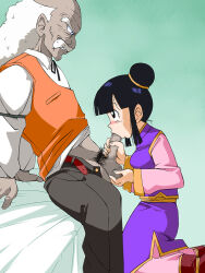 Rule 34 | 1girl, :&gt;=, amedama akihito, bed, black eyes, black hair, blunt bangs, blush, boots, breasts, caressing testicles, censored, chi-chi (dragon ball), china dress, chinese clothes, dr. gero (dragon ball), dragon ball, dragonball z, dress, facial hair, fellatio, from side, hair bun, kneeling, legs, looking at another, male pubic hair, medium breasts, mosaic censoring, mustache, old, old man, old school academy, on bed, oral, penis, pubic hair, simple background, sitting, testicles, thighs