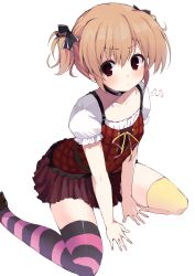 Rule 34 | &gt;:(, 1girl, asymmetrical legwear, belt, between legs, black belt, black bow, black choker, blush, bow, casual, choker, closed mouth, commentary, foot out of frame, frown, grisaia (series), grisaia no kajitsu, hair between eyes, hair bow, hand between legs, highres, irisu makina, leaning forward, looking at viewer, miniskirt, mismatched legwear, official alternate costume, plaid, plaid shirt, pleated skirt, puffy short sleeves, puffy sleeves, red eyes, red shirt, red skirt, ribbon, shiny skin, shirt, short hair, short sleeves, short twintails, simple background, sitting, skirt, solo, striped clothes, striped thighhighs, takepoison, tareme, thighhighs, thighs, twintails, two-tone shirt, v-shaped eyebrows, wariza, white background, white shirt, yellow ribbon, yellow thighhighs, zettai ryouiki
