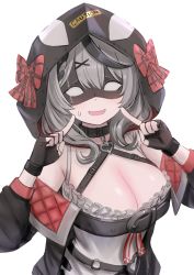 Rule 34 | 1girl, bare shoulders, belt, black gloves, black hair, blank eyes, blush, bow, braid, braided bangs, breasts, cleavage, collar, commentary, enumiyaa, eye mask, fang, finger to cheek, fingerless gloves, gloves, grey hair, hair ornament, hairclip, heart pendant, highres, hololive, holox, hood, hood up, index finger raised, jacket, long sleeves, mask, medium hair, multicolored hair, o-ring, off-shoulder jacket, off shoulder, open clothes, open jacket, plaid, plaid bow, red bow, sakamata chloe, sakamata chloe (1st costume), simple background, single braid, skin fang, solo, streaked hair, sweatdrop, two-sided fabric, upper body, virtual youtuber, white background, x hair ornament