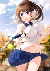 Rule 34 | 1girl, :o, blue eyes, blue skirt, boku no kanojo sensei, breasts, brown hair, chain-link fence, cloud, collared shirt, commentary request, cowboy shot, fence, fujiki maka, highres, holding, large breasts, long hair, looking at viewer, midriff, miniskirt, navel, open mouth, oryo (oryo04), outdoors, pleated skirt, ponytail, racket, shirt, short sleeves, skirt, solo, tennis racket, thighs, white shirt