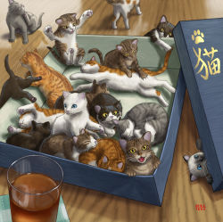Rule 34 | 10s, 2013, animal focus, artist name, blue eyes, box, cat, dated, drink, glass, kitten, matataku, no humans, original, too many, too many cats, yellow eyes