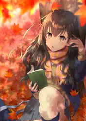 Rule 34 | 1girl, against tree, aimori meguru, argyle, argyle clothes, argyle scarf, arm up, autumn leaves, bad id, bad pixiv id, bag, blue coat, blue socks, blurry, blurry foreground, book, brown eyes, brown hair, brown sweater, coat, commentary request, day, depth of field, fingernails, fringe trim, grey skirt, hand up, highres, holding, holding book, knee up, kneehighs, leaf, long hair, long sleeves, maple leaf, on ground, open book, open clothes, open coat, original, outdoors, parted lips, pink scarf, pleated skirt, scarf, school bag, school uniform, sitting, skirt, socks, solo, sweater, tree, unmoving pattern