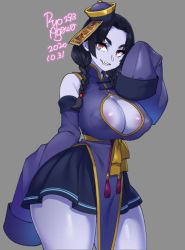 Rule 34 | 1girl, 2020, agawa ryou, areola slip, artist name, black hair, braid, breasts, cleavage, cleavage cutout, clothing cutout, colored skin, commentary, curvy, dated, grey background, jiangshi, large breasts, long hair, original, pelvic curtain, purple skin, red eyes, signature, simple background, skirt, solo, standing, thick thighs, thighs, twin braids, wide hips