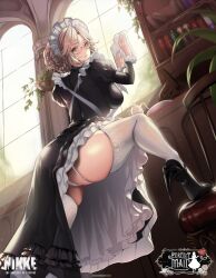 Rule 34 | 1girl, absurdres, ade (nikke), ass, blonde hair, bookshelf, breasts, chair, cleaning, feet on chair, frills, from behind, glasses, goddess of victory: nikke, green eyes, high heels, highres, large breasts, looking at viewer, looking back, mad kimo, maid, maid headdress, plant, sideboob, solo, thighhighs, white thighhighs, window
