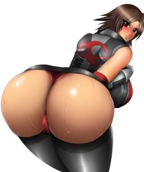 Rule 34 | 1girl, ass, bent over, blush, boots, breasts, brown eyes, brown hair, elbow gloves, gloves, hip focus, huge ass, kazama asuka, looking at viewer, looking back, panties, pov, pussy, red panties, sideboob, smile, solo, tekken, thick thighs, thighs, thong, underwear, unkounkounkounko, wide hips