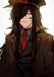 Rule 34 | 1girl, black hair, black suit, business suit, coat, crest, family crest, fate/grand order, fate (series), formal, hair over one eye, hat, jacket, koha-ace, long hair, looking at viewer, march ab, military hat, necktie, oda nobunaga (fate), oda nobunaga (koha-ace), oda uri, one eye covered, overcoat, peaked cap, red eyes, signature, suit, upper body, white background