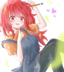 Rule 34 | 1girl, blush, egokoro nao, heart, highres, index finger raised, kimi ga shine, kinako mochi100, knees up, long hair, looking at viewer, open mouth, overalls, paintbrush, red eyes, red hair, short sleeves, smile, solo
