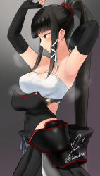 Rule 34 | 1girl, absurdres, armor, armored skirt, armpits, arms up, artist name, bandeau, bare shoulders, belt, black armor, black eyes, black gloves, black hair, black hakama, blunt bangs, blush, breastplate, breasts, cleavage, closed mouth, commentary, covered erect nipples, dripping, elbow gloves, fingerless gloves, from side, gloves, grey background, grey belt, hair ribbon, hakama, hakama skirt, high ponytail, highres, japanese clothes, large breasts, long hair, looking ahead, narrowed eyes, ponytail, presenting armpit, profile, red scrunchie, ribbon, scrunchie, shuka (wagahime), sidelocks, signature, skirt, solo, standing, steam, steaming body, sweat, twitter username, undressing, very long hair, very sweaty, waga himegimi ni eikan wo, wet, wet clothes, white bandeau, white ribbon, yoo tenchi