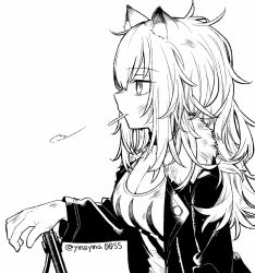 Rule 34 | 1girl, animal ears, arknights, arm rest, breasts, candy, cleavage, food, food in mouth, from side, fur-trimmed jacket, fur trim, greyscale, jacket, large breasts, leather, leather jacket, lion ears, lollipop, long hair, monochrome, mouth hold, open clothes, open jacket, profile, shirt, siege, siege (arknights), simple background, solo, twitter username, upper body, white background, yom (ymayma00ss)