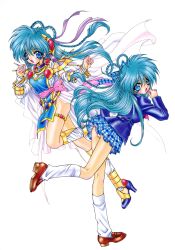 Rule 34 | 1990s (style), 1girl, aqua hair, back bow, blazer, blue eyes, blue hair, bow, bracelet, braid, brown footwear, can can bunny, can can bunny extra, detached sleeves, dual persona, gold trim, high heels, highres, jacket, jewelry, kneehighs, loafers, long hair, long sleeves, miniskirt, non-web source, open mouth, panties, pantyshot, pink bow, plaid, plaid skirt, pleated skirt, ramiya ryou, retro artstyle, school uniform, serafuku, shoes, simple background, skirt, socks, swatty (can can bunny), thighlet, underwear, white background, white socks