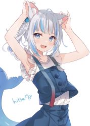 Rule 34 | 1girl, animal ear fluff, animal ears, armpits, artist name, blouse, blue eyes, blue nails, blue skirt, buttons, cat ears, commentary, cube, cube hair ornament, english commentary, fins, fish tail, frilled sleeves, frills, gawr gura, gawr gura (casual), hair ornament, highres, hitsukuya, holding ears, hololive, hololive english, looking at viewer, nail polish, official alternate costume, one side up, shark tail, sharp teeth, shirt, signature, silver hair, simple background, skirt, solo, strap, tail, teeth, virtual youtuber, white background, white shirt