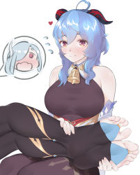 Rule 34 | 2girls, ahoge, bad id, bad pixiv id, bare shoulders, bell, blue hair, blush, bodysuit, breasts, bridal legwear, brown bodysuit, chibi, chibi inset, cowbell, curled horns, detached sleeves, embarrassed, feet, flying sweatdrops, foot focus, ganyu (genshin impact), genshin impact, goat horns, gold trim, heart, heart ahoge, highres, holding another&#039;s foot, horns, jewelry, large breasts, legs, legs on another&#039;s lap, multiple girls, neck bell, open mouth, red eyes, shenhe (genshin impact), sitting, smile, soles, spoken expression, thighlet, toe ring, toeless legwear, toes, wd (1106592840), white sleeves, yuri