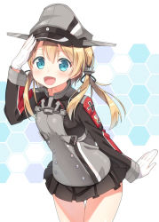 Rule 34 | 10s, 1girl, anchor hair ornament, blonde hair, blue eyes, gloves, hair ornament, hat, honeycomb background, honeycomb pattern, hyuuga azuri, kantai collection, long hair, military, military uniform, open mouth, peaked cap, prinz eugen (kancolle), salute, smile, solo, twintails, uniform