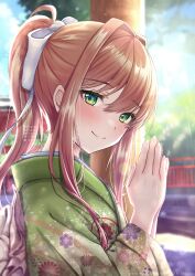 Rule 34 | absurdres, blush, bow, brown hair, closed mouth, commentary request, day, doki doki literature club, green eyes, hair bow, hair intakes, highres, japanese clothes, kimono, lens flare, light particles, long hair, looking at viewer, mi tarou0412, mixed-language commentary, monika (doki doki literature club), outdoors, own hands together, pixiv id, ponytail, praying, ribbon, shrine, twitter username, upper body, white ribbon