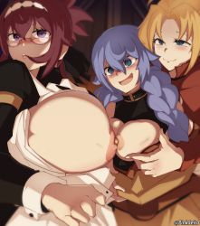Rule 34 | 3girls, asymmetrical docking, bare arms, bare shoulders, blonde hair, blue eyes, blush, braid, breast press, breasts, breasts out, breasts squeezed together, cleavage, glasses, highres, huge breasts, large breasts, lillia greyrat, looking away, maid, mature female, medium breasts, multiple girls, mushoku tensei, nipple press, nipple stimulation, orphen (pink seito), parted bangs, purple eyes, purple hair, rokari migurdia, smile, standing, twin braids, yuri, zenith greyrat