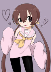 1girl bare_shoulders black_pantyhose blush brown_hair commentary_request cowboy_shot detached_sleeves dress gluteal_fold hair_between_eyes hair_ribbon heart highres long_hair long_sleeves neckerchief no_nose open_mouth pantyhose pink_dress pink_sailor_collar pink_sleeves purple_background purple_eyes ribbon sailor_collar sailor_dress simple_background sleeveless sleeveless_dress sleeves_past_fingers sleeves_past_wrists smile solo tsukuyomi_ai twintails very_long_hair voiceroid yellow_neckerchief yellow_ribbon yunji