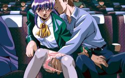 Rule 34 | 1990s (style), 1girl, 2 shot diary 2, 5boys, game cg, glasses, green hair, indoors, kaori (2 shot diary 2), may-be soft, multiple boys, necktie, pc98, purple hair, retro artstyle, tagme, theater