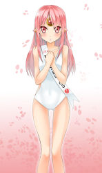 Rule 34 | 10s, 1girl, 2012, absurdres, apple (elsword), blush, cherry blossoms, elsword, eve (elsword), forehead jewel, gradient background, highres, long hair, one-piece swimsuit, own hands together, pink background, pink eyes, pink hair, solo, standing, swimsuit, ukeuke, white background, white one-piece swimsuit