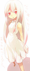 Rule 34 | 1girl, albino, arms behind back, bare shoulders, barefoot, blush, commentary, dress, from above, hair between eyes, highres, looking at viewer, mamuru, open mouth, original, perspective, red eyes, sidelocks, simple background, sleeveless, sleeveless dress, white background, white dress, white hair