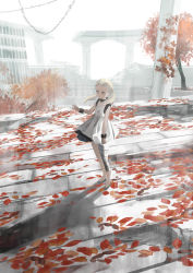 Rule 34 | 1girl, absurdres, autumn leaves, bandages, bandaged leg, bandages, black collar, blonde hair, bridge, building, character request, chihuri, closed mouth, collar, commentary request, day, dress, fio (nier), forehead, grey eyes, grey footwear, highres, looking away, nier (series), nier reincarnation, outdoors, ruins, shoes, solo, standing, tree, twintails, white background, white dress