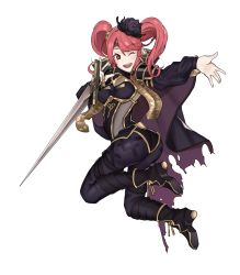 Rule 34 | 1girl, alternate costume, armor, ass, asymmetrical bangs, black footwear, bodysuit, boots, breastplate, breasts, cape, ebinku, fire emblem, fire emblem echoes: shadows of valentia, flower, full body, hair flower, hair ornament, highres, jumping, looking at viewer, mae (fire emblem), medium breasts, medium hair, nintendo, one eye closed, outstretched hand, pink hair, red eyes, simple background, smile, solo, sword, torn cape, torn clothes, twintails, weapon, white background