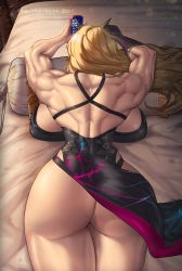 Rule 34 | 1girl, absurdres, ass, ass focus, back, backboob, bare shoulders, bed, biceps, blonde hair, breast press, breasts, breasts apart, cellphone, cleavage, barghest (fate), fate/grand order, fate (series), female focus, gloves, highres, huge ass, huge breasts, huge filesize, long hair, lying, muscular, muscular female, on stomach, phone, pillow, smartphone, solo, thick thighs, thighs