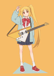 Rule 34 | 1girl, absurdres, ahoge, bare legs, blonde hair, blue jacket, blush, bocchi the rock!, bow, bowtie, collared shirt, colored shadow, detached ahoge, electric guitar, guitar, highres, holding, holding plectrum, ijichi nijika, instrument, jacket, light blush, long hair, pleated skirt, plectrum, red bow, red bowtie, red eyes, red footwear, school uniform, shadow, shimokitazawa high school uniform, shirt, shoes, side ponytail, sidelocks, simple background, skirt, sneakers, socks, solo, unconventional guitar, very long hair, white shirt, white socks, yellow background, zephda