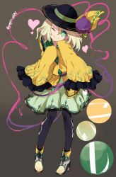 Rule 34 | 1girl, bad id, bad twitter id, black pantyhose, boots, character name, cross-laced footwear, eyeball, full body, gradient background, green eyes, green hair, hat, hat ribbon, head tilt, heart, heart of string, komeiji koishi, lace-up boots, long sleeves, looking at viewer, matching hair/eyes, one eye closed, pantyhose, ribbon, shirt, short hair, skirt, sleeves past wrists, smile, solo, string, third eye, touhou, touzai (poppin phl95), twitter username, wide sleeves