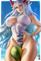 Rule 34 | 1girl, abs, beach, between thighs, breasts, brown eyes, cleavage, covered navel, cowboy shot, curvy, dress, earrings, food, from below, fruit, gradient hair, green hair, hands on own hips, highleg, highleg swimsuit, hoop earrings, horns, jewelry, large breasts, lips, looking at viewer, multicolored hair, olchas, one-piece swimsuit, one piece, sidelocks, skindentation, smile, strap gap, swimsuit, thighs, underboob, watermelon, watermelon between thighs, wavy hair, white hair, wide hips, yamato (one piece)