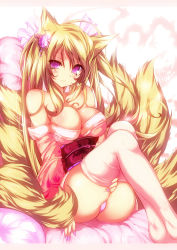 Rule 34 | 1girl, animal ears, bare shoulders, blonde hair, blush, breasts, fang, fingernails, fox ears, fox tail, hair ornament, heart, highres, japanese clothes, large breasts, legs, letterboxed, long hair, looking at viewer, multiple tails, nail polish, obi, original, panties, pink eyes, pink panties, pink thighhighs, revision, sash, shugami, sitting, solo, tail, thighhighs, underwear