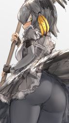 Rule 34 | 1girl, ass, blush, fingerless gloves, from below, gloves, grey hair, grey theme, guchico, hair between eyes, head wings, kemono friends, looking at viewer, pantyhose, shoebill (kemono friends), short hair, sketch, skirt, solo, thighs, upskirt, white background, wings, yellow eyes