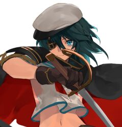 Rule 34 | 1girl, black cape, blue eyes, blue hair, brown gloves, cape, gloves, hair between eyes, hat, holding, holding sword, holding weapon, kantai collection, kiso (kancolle), kiso kai ni (kancolle), looking at viewer, midriff, navel, neckerchief, red cape, red neckerchief, sailor collar, school uniform, serafuku, simple background, smile, solo, sugimoto (niboshiumai), sword, upper body, weapon, white background, white hat