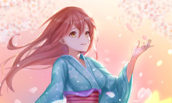 Rule 34 | 1girl, blue kimono, breasts, cherry blossoms, commentary request, floral print, hair between eyes, highres, japanese clothes, kimono, large breasts, long hair, original, parted lips, red hair, smile, solo, upper body, wei xiao, wide sleeves, yellow eyes