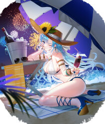 Rule 34 | 1girl, aerial fireworks, arm up, armlet, armpits, bare shoulders, beach mat, beach umbrella, bikini, blue bikini, blue eyes, blue hair, blue nails, bracelet, breasts, brooch, bucket, cleavage, closers, criss-cross halter, cup, drinking glass, earrings, fireworks, grin, halterneck, high heels, highres, jewelry, large breasts, legs, long hair, looking at viewer, multi-strapped bikini, nail polish, night, official art, one eye closed, ring, smile, solo, strap gap, swimsuit, thighs, umbrella, violet (closers), white bikini