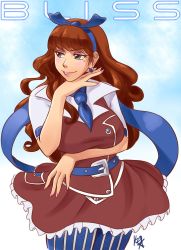Rule 34 | 1girl, belt, bliss barson, blue eyes, blue pantyhose, blush, bow, breast hold, breasts, brown hair, cryamore, curly hair, earrings, eyeshadow, hairband, highres, jewelry, kitsune23star, large breasts, lips, long hair, makeup, mole, nail polish, pantyhose, skirt, skirt set, smile, solo, striped clothes, striped pantyhose, vertical-striped clothes, vertical-striped pantyhose