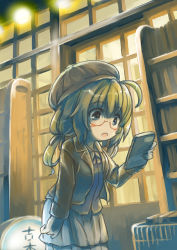 Rule 34 | 10s, 1girl, ahoge, alternate costume, alternate headwear, blonde hair, blue eyes, blush stickers, book, brown coat, cabbie hat, carol (maybreeze), casual, coat, dress, glasses, hat, i-8 (kancolle), kantai collection, low twintails, night, open mouth, red-framed eyewear, solo, twintails