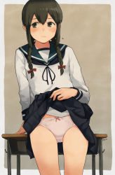 Rule 34 | 1girl, banned artist, black skirt, blue sailor collar, blush, bow, bow panties, braid, brown eyes, brown hair, clothes lift, desk, flying sweatdrops, hair between eyes, highres, isonami (kancolle), kantai collection, lifted by self, long hair, long sleeves, looking to the side, makio (makiomeigenbot), panties, pink panties, red bow, sailor collar, school desk, school uniform, serafuku, signature, simple background, skirt, skirt lift, solo, sweat, symbol-only commentary, twin braids, underwear