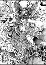 Rule 34 | 1girl, ascot, between fingers, bow, detached sleeves, female focus, graphite (medium), greyscale, hair bow, hair tubes, hakurei reimu, holding, long hair, melonpan (artist), monochrome, mouth hold, needle, ofuda, shoes, solo, touhou, traditional media, yin yang