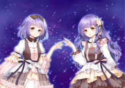 Rule 34 | aura, blush, bow, brown bow, brown eyes, dress, frilled dress, frills, hair ornament, long hair, looking at viewer, night, night sky, original, parted lips, puffy sleeves, purple hair, short hair, sky, standing, striped, striped bow, yuu li (glass)