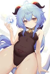 Rule 34 | 1girl, absurdres, ahoge, bare arms, bell, bianxieshi ajing, black leotard, blue hair, breasts, cameltoe, covered erect nipples, covered navel, flower, ganyu (genshin impact), genshin impact, gluteal fold, gold trim, groin, highres, horns, leotard, long hair, looking at viewer, neck bell, orb, pubic tattoo, purple eyes, qilin (mythology), sidelocks, small breasts, solo, tattoo, thigh gap, thighs, white background, white flower