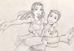 Rule 34 | 1boy, 1girl, arm around neck, brother and sister, dress, graphite (medium), grin, highres, ice skates, itou noriko, leg lift, michele crispino, monochrome, official art, open mouth, outstretched arm, sara crispino, siblings, skates, smile, traditional media, twins, yuri!!! on ice