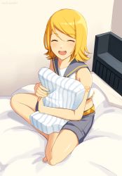 Rule 34 | 1girl, bare shoulders, barefoot, bed, belt, blonde hair, closed eyes, collar, commentary, crop top, crossed legs, facing viewer, fang, grey collar, grey shorts, indian style, kagamine rin, nail polish, nokuhashi, open mouth, pillow, sailor collar, shirt, short hair, short shorts, shorts, shoulder tattoo, sitting, sleeveless, sleeveless shirt, smile, solo, striped pillow, swept bangs, tattoo, vocaloid, white shirt, yellow nails