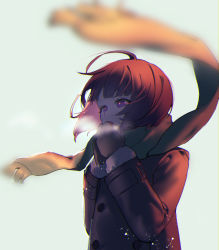 Rule 34 | 1girl, ahoge, amatori chika, blunt bangs, bob cut, breath, brown hair, buttons, coat, covering own mouth, double-breasted, eyelashes, fur-trimmed sleeves, fur trim, long sleeves, mirin chikuwa, mittens, motion blur, open mouth, purple eyes, red hair, scarf, short hair, simple background, snow, solo, upper body, wind, world trigger
