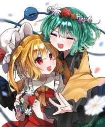 Rule 34 | 2girls, :d, ^ ^, ascot, blonde hair, blurry, blush, closed eyes, commentary, depth of field, double-parted bangs, fang, flandre scarlet, flower, flower wreath, frilled shirt collar, frilled sleeves, frills, green hair, hair between eyes, happy, hat, head wreath, highres, holding, holding wreath, hug, hug from behind, izumi no yasushi aya, komeiji koishi, long sleeves, looking at another, medium hair, mob cap, multiple girls, one side up, open mouth, pink flower, red eyes, red flower, red rose, red skirt, red vest, rose, shirt, simple background, skin fang, skirt, smile, third eye, touhou, trait connection, v-shaped eyebrows, vest, white background, white flower, white headwear, white shirt, wide sleeves, yellow ascot, yellow shirt